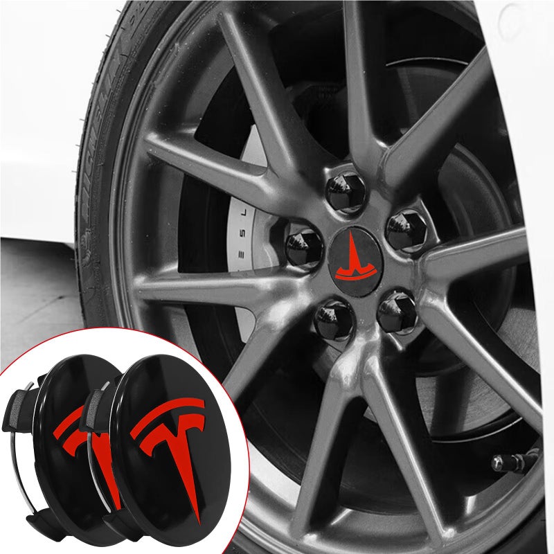 Knomix 4 عبوات من غطاء مركز عجلة الديكور الخارجي لطراز Tesla 3 Model Y، 56 مم Hubcaps عجلة حافة غطاء Tesla Center Caps Hubcaps+22 غطاء صامولة أسود (أسود لامع + شعار أحمر) - Image 4